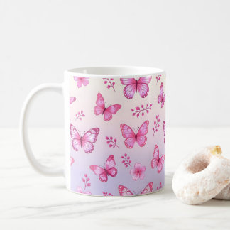 Pink butterflies and flowers pattern coffee mug