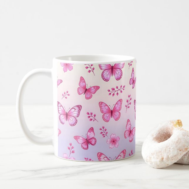 Pink butterflies and flowers pattern coffee mug (With Donut)