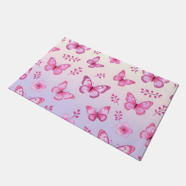 Pink butterflies and flowers pattern doormat (Angled)