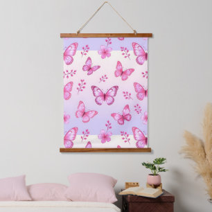 Pink butterflies and flowers pattern hanging tapestry