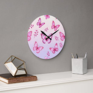 Pink butterflies and flowers pattern large clock