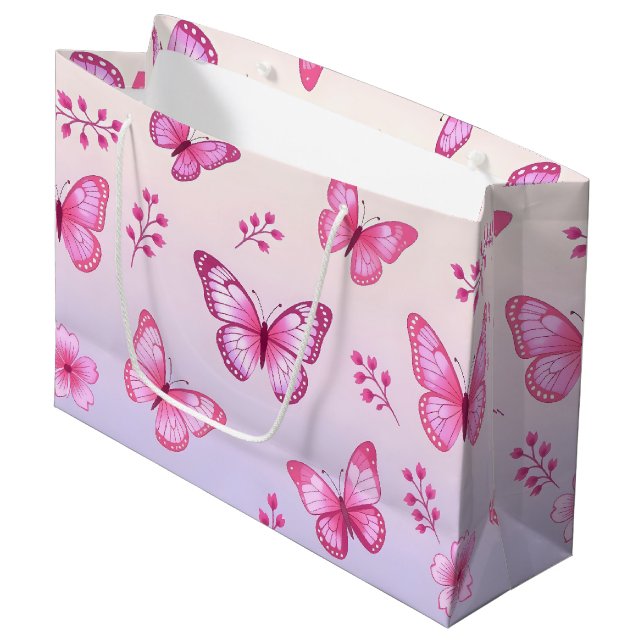 Pink butterflies and flowers pattern large gift bag (Front Angled)