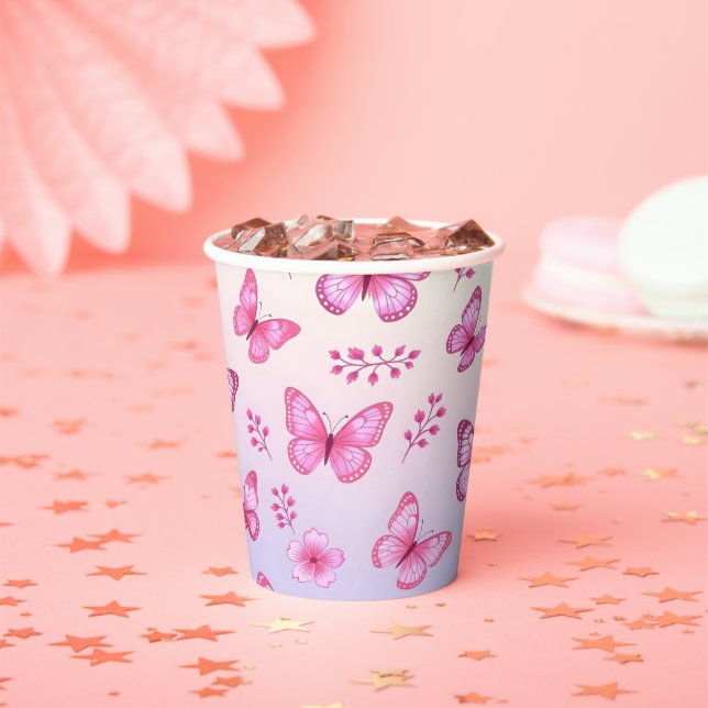 Pink butterflies and flowers pattern paper cups (Insitu)