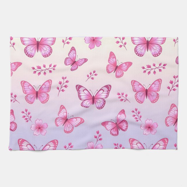 Pink butterflies and flowers pattern tea towel (Horizontal)