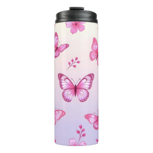 Pink butterflies and flowers pattern thermal tumbler