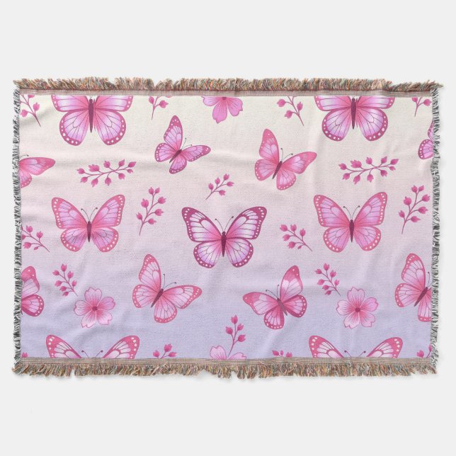 Pink butterflies and flowers pattern throw blanket (Front)