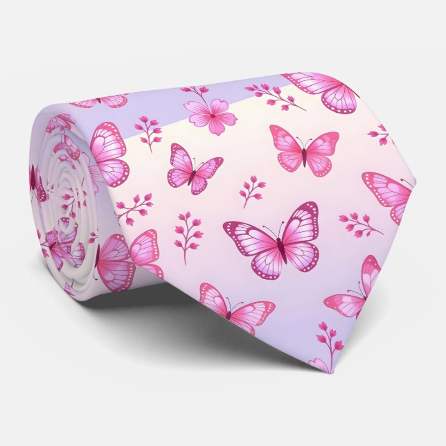 Pink butterflies and flowers pattern tie (Rolled)