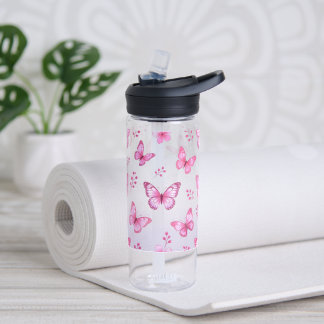Pink butterflies and flowers pattern water bottle