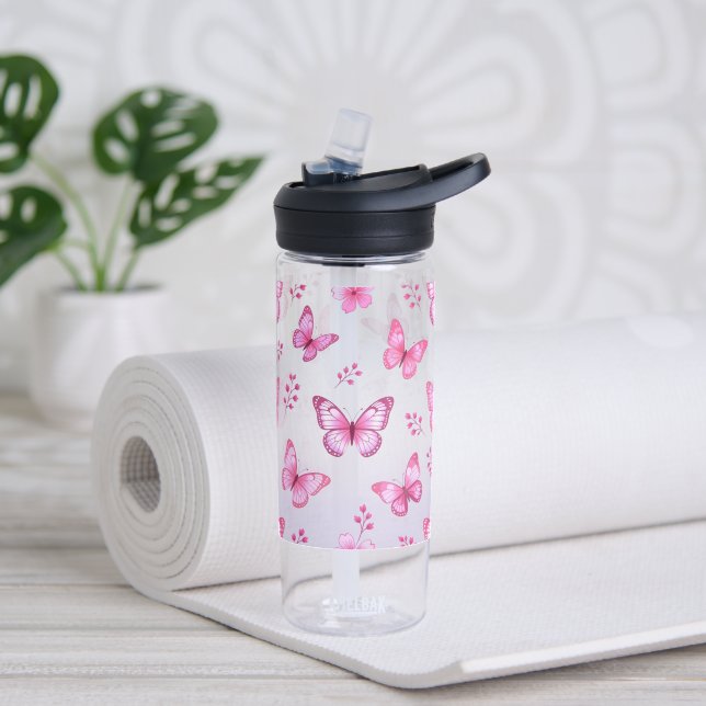 Pink butterflies and flowers pattern water bottle (Yoga)