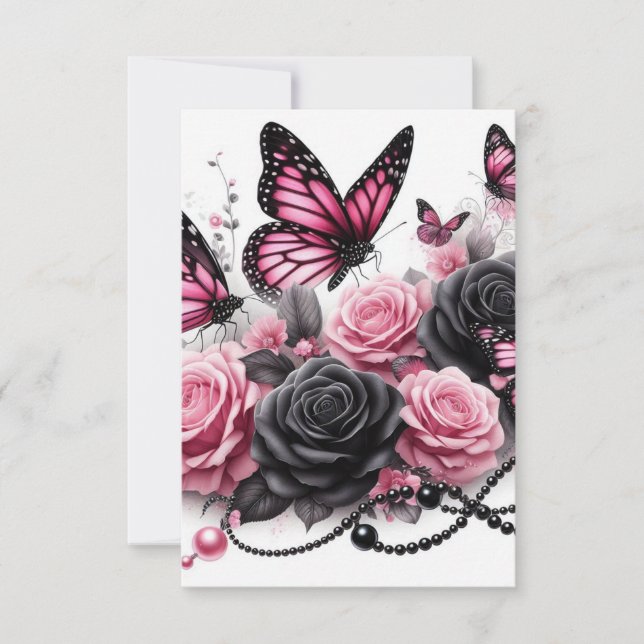 Pink Butterflies and Roses With Black Pearls Thank You Card (Front)