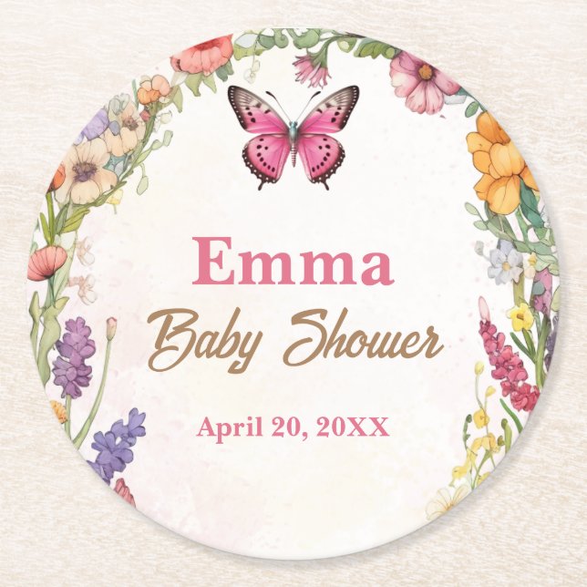 Pink Butterflies Baby Shower Floral Garden Round Paper Coaster (Front)