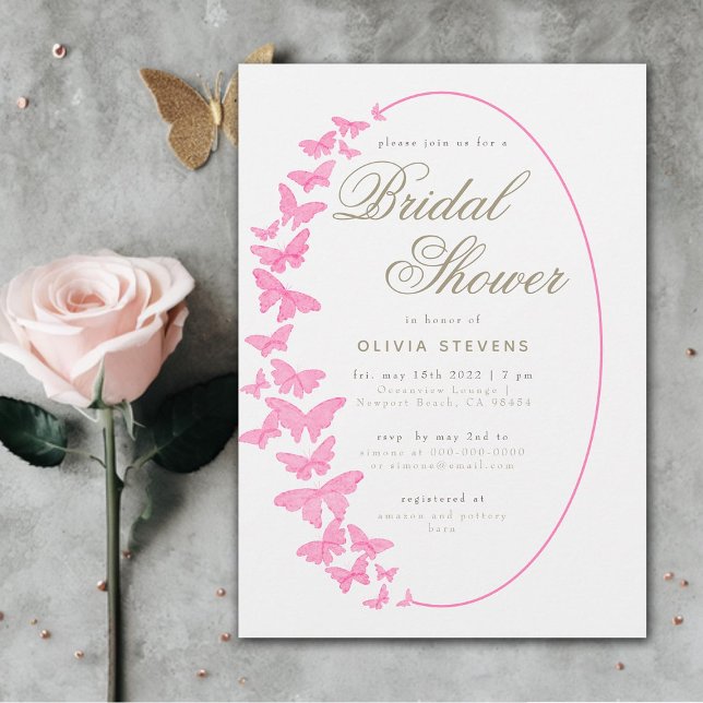 Pink Butterflies Boho Frame Elegant Bridal Shower Invitation (pink butterflies elegant calligraphy boho frame bridal shower invitation modern romantic chic gold)