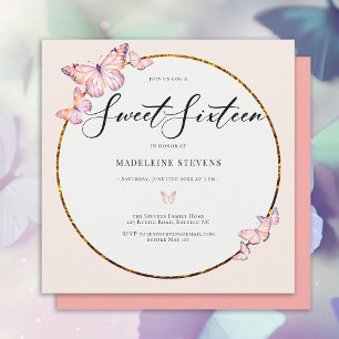 Pink Butterflies Boho Gold Frame Girly Sweet 16 Invitation