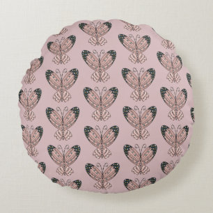 Pink Butterflies Boho Hand Drawn Art Round Cushion