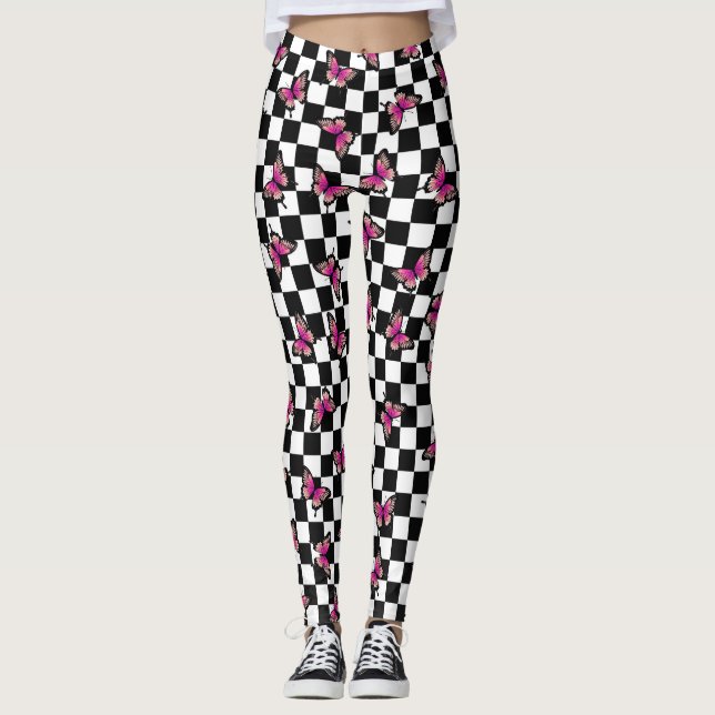 Pink Butterflies Chequered Spandex Leggings  (Front)