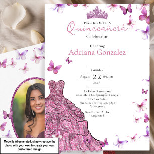 Pink Butterflies Dress and Tiara Photo Quinceanera Invitation