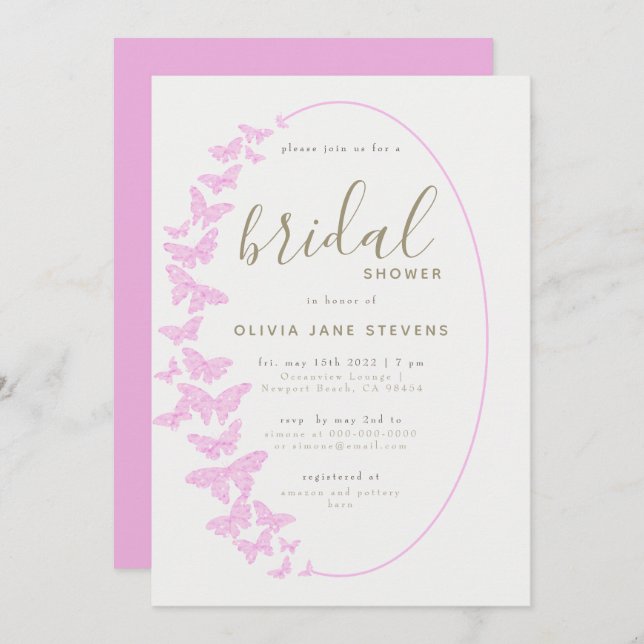 Pink Butterflies Elegant Boho Frame Bridal Shower Invitation (Front/Back)