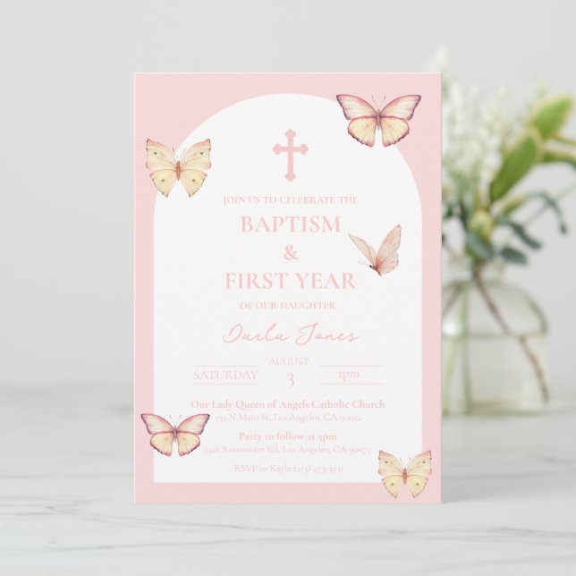 Pink Butterflies First Birthday Baptism Invitation (Standing Front)