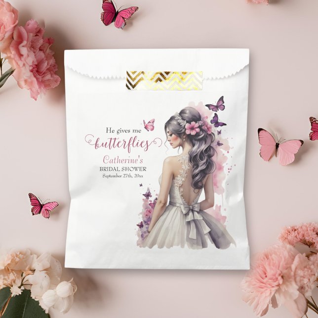 Pink Butterflies Floral Wedding Gown Bridal Shower Favour Bag (Creator Uploaded)
