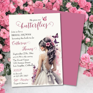 Pink Butterflies Floral Wedding Gown Bridal Shower Invitation