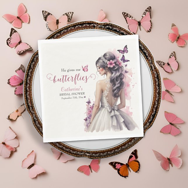 Pink Butterflies Floral Wedding Gown Bridal Shower Napkin (Creator Uploaded)