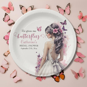 Pink Butterflies Floral Wedding Gown Bridal Shower Paper Plate