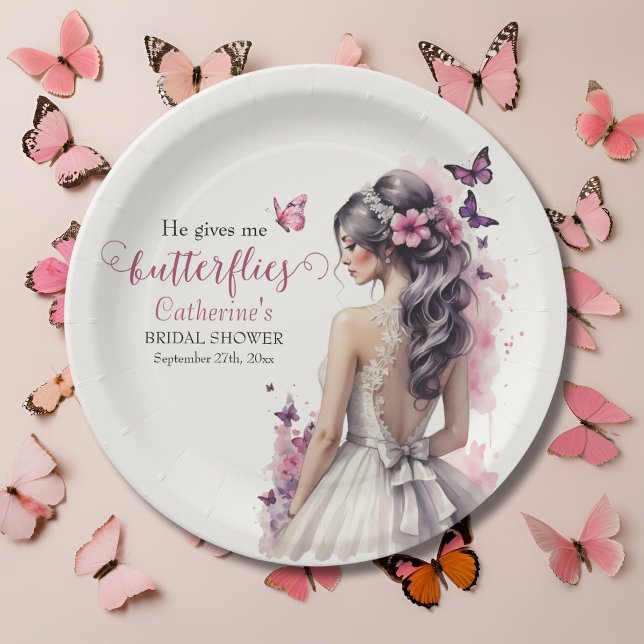 Pink Butterflies Floral Wedding Gown Bridal Shower Paper Plate (Creator Uploaded)