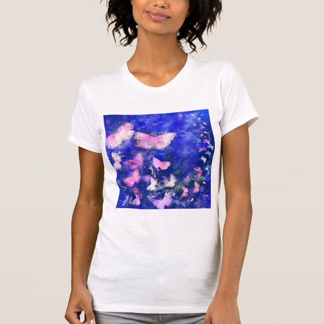 Pink Butterflies Flying - Blue Night - Watercolor  T-Shirt (Front)