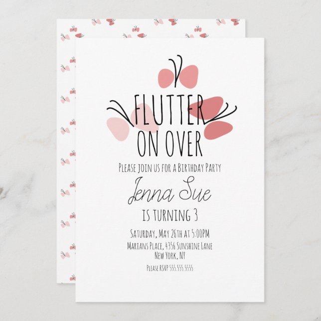 Pink Butterflies Hand Drawn Birthday Invitation (Front/Back)