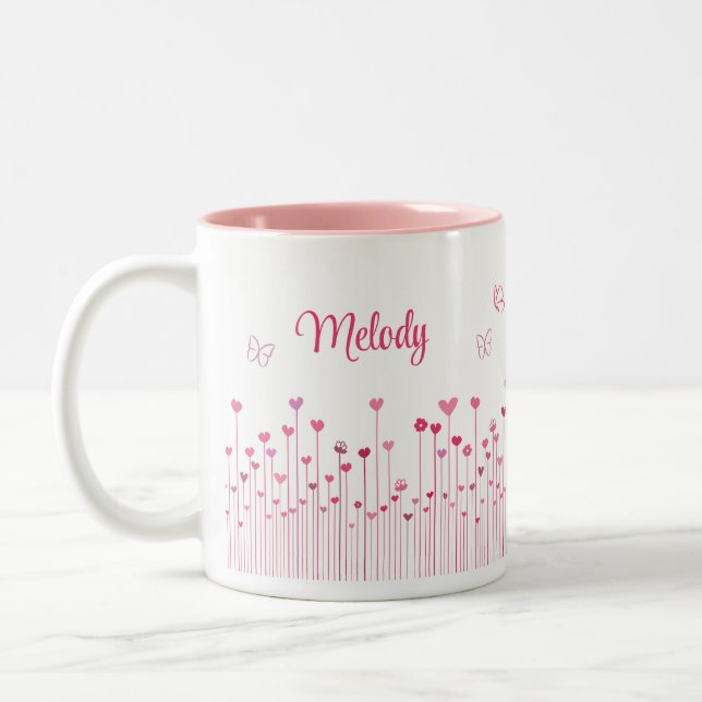 Pink Butterflies Hearts & Flowers Personalised  Two-Tone Coffee Mug (Left)