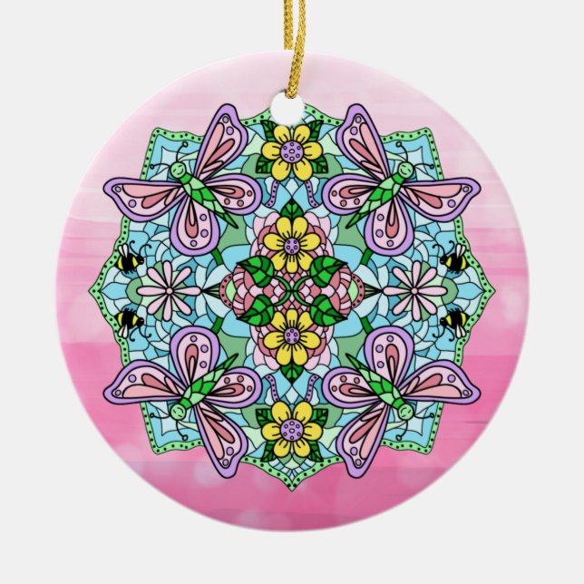 Pink Butterflies Mandala Christmas    Ceramic Ornament (Front)