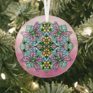 Pink Butterflies Mandala Christmas Glass Tree Decoration