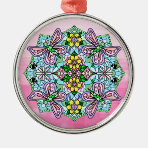 Pink Butterflies Mandala Christmas Metal Ornament