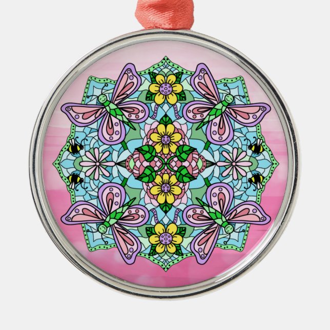 Pink Butterflies Mandala Christmas Metal Ornament (Front)