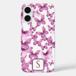 Pink Butterflies Modern Elegant Custom Monogram iPhone 16 Case