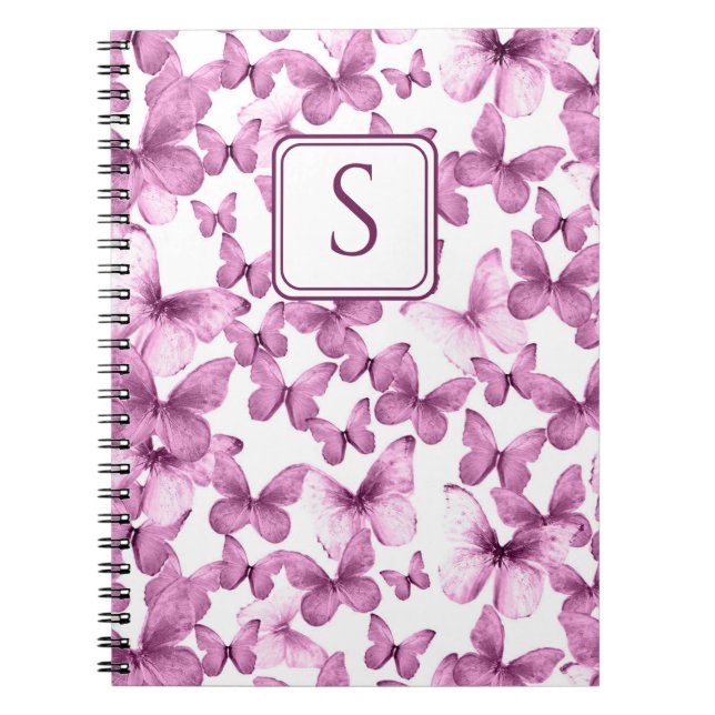 Pink Butterflies Modern Elegant Custom Monogram Notebook (Front)
