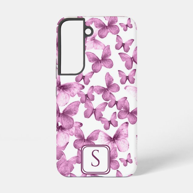 Pink Butterflies Modern Elegant Custom Monogram Samsung Galaxy S22 Case (Back)