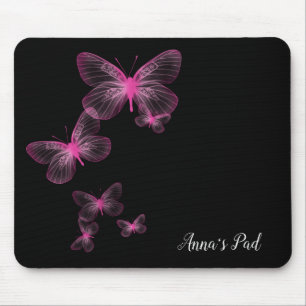 Pink Butterflies On Black Mouse Pad