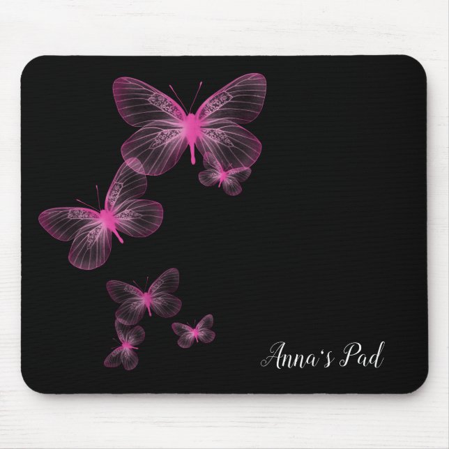 Pink Butterflies On Black Mouse Pad (Front)