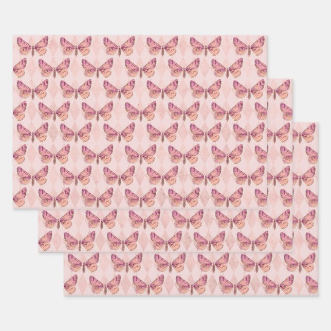 Pink Butterflies on Chequered Wrapping Paper Sheet (Set)