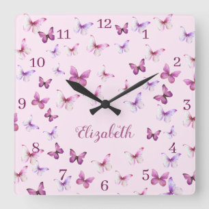 Pink Butterflies Pattern Custom Name Square Wall Clock