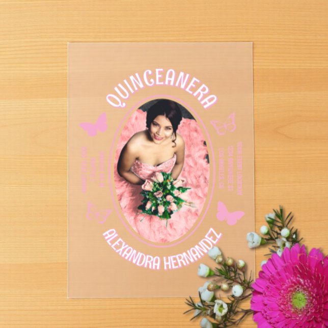 Pink Butterflies Quinceanera Acrylic Invitations (Creator Uploaded)