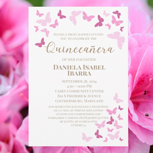 Pink Butterflies Quinceañera Gold Custom Invitation (Creator Uploaded)