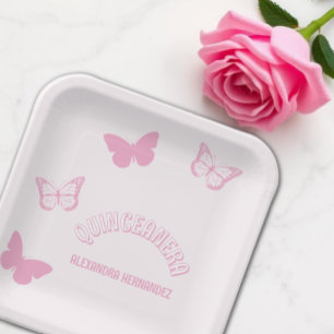 Pink Butterflies Quinceanera Paper Plate