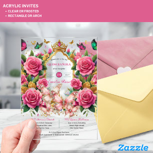 Pink Butterflies QUINCEANERA Tiara Floral Roses Acrylic Invitations