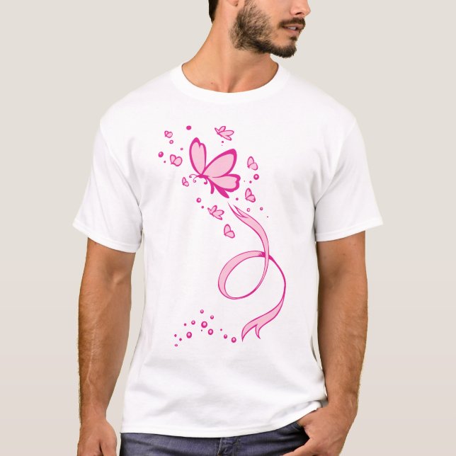 Pink Butterflies Ribbon Breast Cancer Awareness T-Shirt (Front)