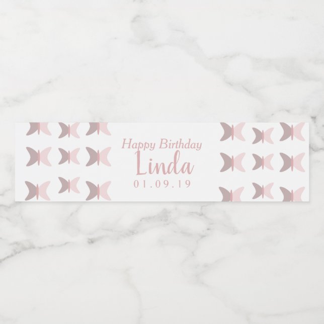 Pink Butterflies Simple Happy Birthday Water Bottle Label (Single Label)