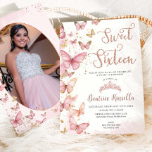 Pink Butterflies Sweet Sixteen 16 Birthday Photo