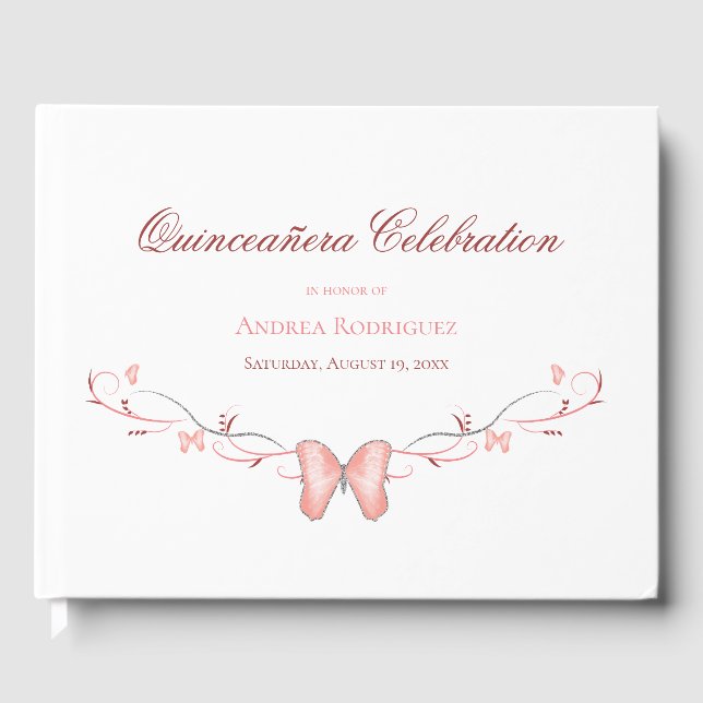 Pink Butterflies & Swirls Quinceañera Guest Book (Front)