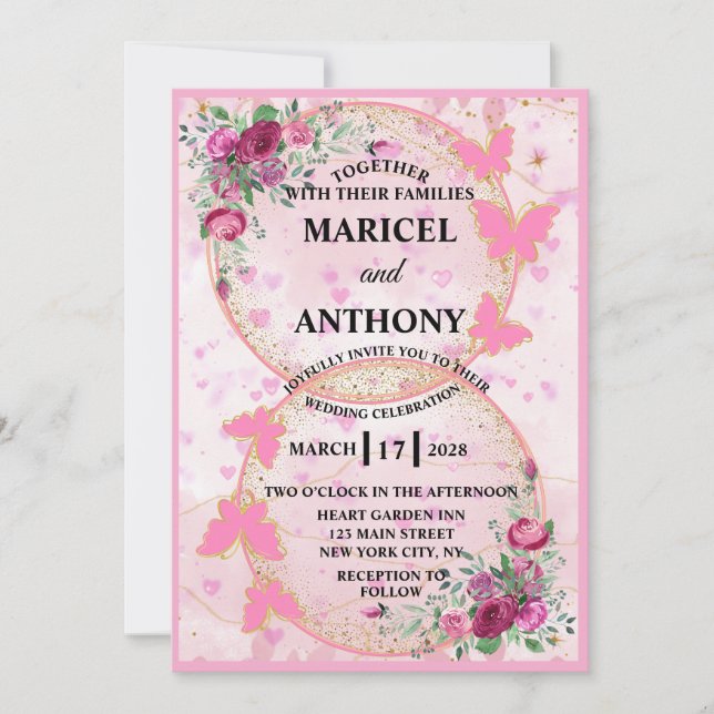 Pink Butterflies Wedding Invitation (Front)
